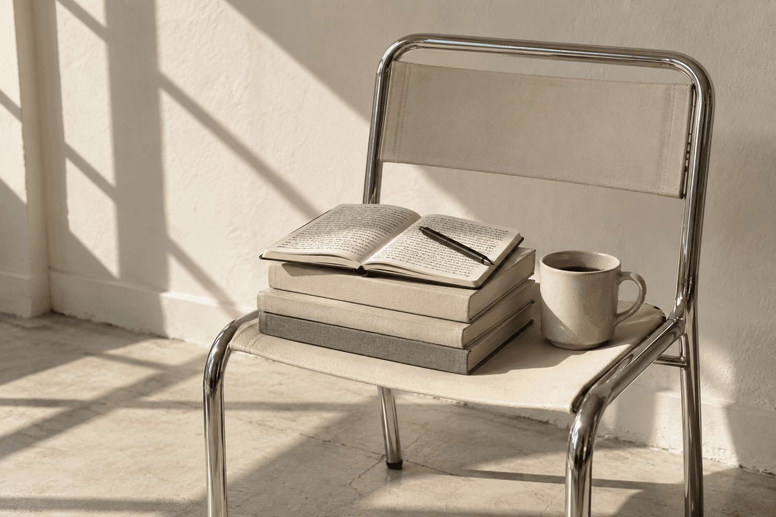 An open notebook, a stack of books, and a coffee cup on a chrome chair in warm morning light
